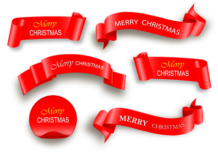 Merry Christmas celebration background with red realistic ribbon banner and snow. Vector illustrationのイラスト素材
