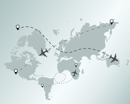 Airplane travel concept. Plane with start point and route line. Vector background.のイラスト素材