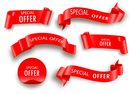 Special offer vector ribbon.Red scroll. Banner sale tag. Market special offer discount.のイラスト素材