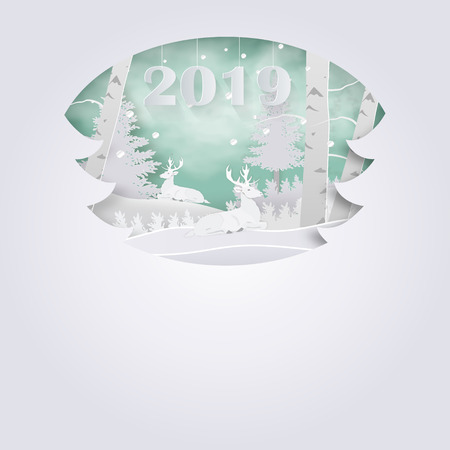winter season and merry christmas with the animal in the forest, paper art and craft style.のイラスト素材