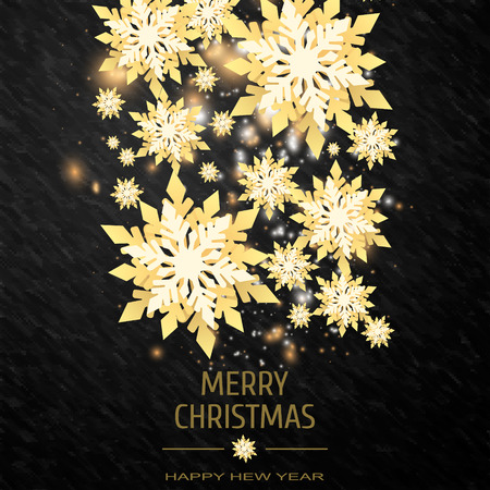 Christmas background with shining golden snowflakes and snow. Merry Christmas card illustration on black background. Sparkling golden snowflakes with glitter textureのイラスト素材