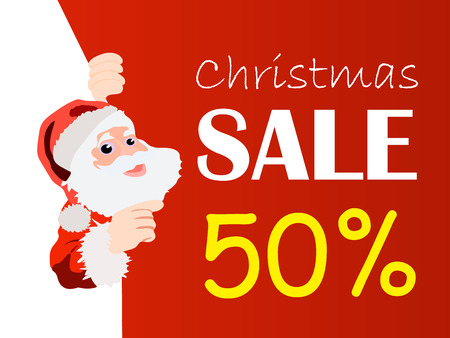Sale Christmas banner. Vector illustration of Santa Claus with big bag. off Discount offer.のイラスト素材
