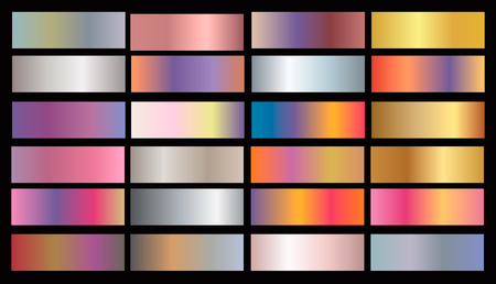 Gold rose, bronze, silver and gold foil texture gradation background set. Vector golden elegant, shiny and metalic gradient collection for chrome border, frame, ribbon, label designのイラスト素材