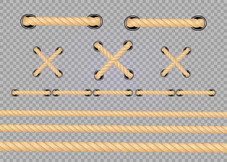 Nautical rope. Round and square rope frames, cord borders. Sailing vector decoration elements. Rope marine, nautical border, cord round, string knot twisted illustrationのイラスト素材