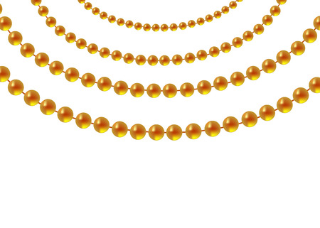 Gold beads on a white background. A beautiful chain of yellow color. Net beads are realistic. Decorative element from golden ball designのイラスト素材
