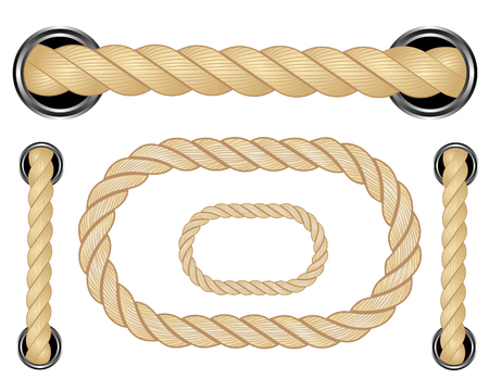 Nautical rope. Round and square rope frames, cord borders. Sailing vector decoration elements. Rope marine, nautical border, cord round, string knot twisted illustrationのイラスト素材