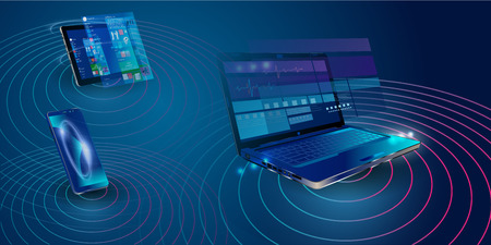 Creation responsive internet website for multiple platforms. Building mobile interface on screen of laptop, tablet, smartphone. Layout content on display devices. Conceptual banner of web technology.のイラスト素材