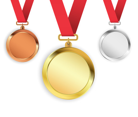 Set of three medals isolated on white background. Gold, silver, bronze medallions. Vector illustration.のイラスト素材