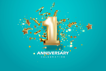 First Anniversary celebration. Golden number 1 with sparkling confetti, stars, glitters and streamer ribbons. Vector festive illustration.のイラスト素材