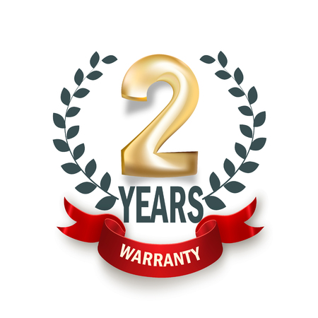Two Years Warranty background with red ribbon and olive branch on white. Poster, label, badge or brochure template designのイラスト素材