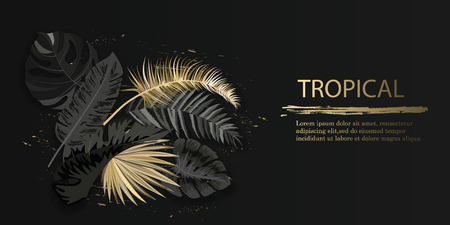 Vector horizontal banner with black and gold tropical leaves on dark background. Luxury exotic botanical design for cosmetics, spa, perfume, aroma, beauty salon.のイラスト素材