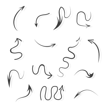 Infographic elements on isolated white background. Hand drawn simple arrows. Line art. Set of different pointers. Abstract indicators. Black and white illustration.のイラスト素材