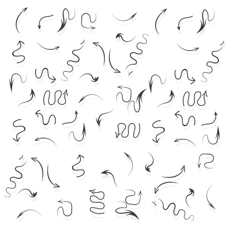 Infographic elements on isolated white background. Hand drawn simple arrows. Line art. Set of different pointers. Abstract indicators. Black and white illustration.のイラスト素材