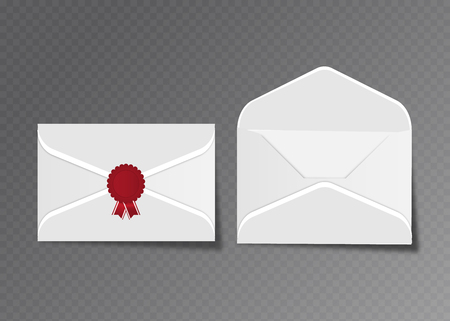 Vector opened and closed white envelopes. Isolated on transparent background mockup template, advertisement, invitation cards or money.のイラスト素材