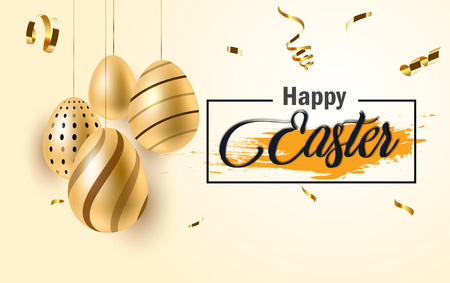 Happy Easter lettering background with realistic golden shine decorated eggs, confetti, golden brush splash. Vector illustration greeting card, ad, promotion, poster, flyer,のイラスト素材