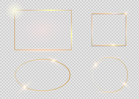Gold shiny glowing vintage frame with shadows isolated on transparent background. Golden luxury realistic rectangle border.のイラスト素材