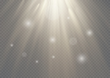 Vector transparent sunlight special lens flash light effect.front sun lens flash. Vector blur in the light of radiance. Element of decor. Horizontal stellar rays and searchlight.のイラスト素材
