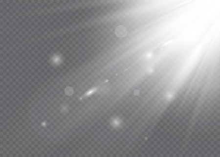 Vector transparent sunlight special lens flash light effect.front sun lens flash. Vector blur in the light of radiance. Element of decor. Horizontal stellar rays and searchlight.のイラスト素材