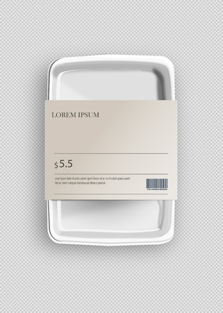 White Mockup Empty Blank foam Plastic Food Tray Container With Label. Illustration Isolated On Gray Background. Mock Up Template Ready For Your Designのイラスト素材