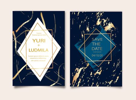 Wedding Invitation, Thank you card, rsvp, posters design collection. Trendy indigo blue and white Marble background texture.のイラスト素材