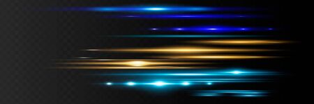 Red horizontal lens flares pack. Laser beams, horizontal light rays.Beautiful light flares. Glowing streaks on dark background. Luminous abstract sparkling lined background.のイラスト素材