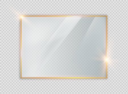 Gold shiny glowing vintage frame with shadows isolated on transparent background. Golden luxury realistic rectangle borderのイラスト素材