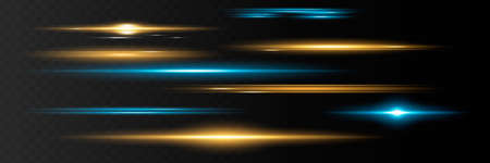 Blue horizontal lens flares pack. Laser beams, horizontal light rays. Beautiful light flares. Glowing streaks on dark background. Luminous abstract sparkling lined background.のイラスト素材