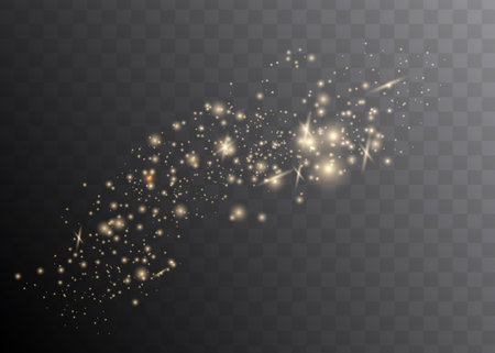 The dust is yellow. yellow sparks and golden stars shine with special light. Vector sparkles on a transparent background. Christmas light effect. Sparkling magical dust particles.のイラスト素材