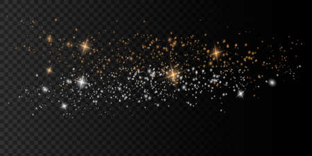 The dust is yellow. yellow sparks and golden stars shine with special light. Vector sparkles on a transparent background. Christmas light effect. Sparkling magical dust particles.のイラスト素材