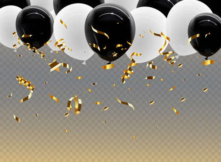 Balloon seamless border with shiny gold glitter and star confetti isolated on transparent background.のイラスト素材