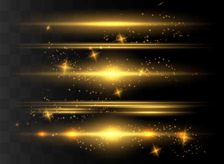 yellow horizontal lens flares pack. Laser beams, horizontal light rays. Beautiful light flares. Glowing streaks on dark background. Luminous abstract sparkling lined background.のイラスト素材