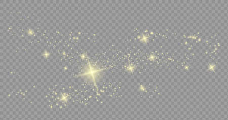 The dust sparks and golden stars shine with special light. Vector sparkles on a transparent background. Christmas light effect. Sparkling magical dustのイラスト素材