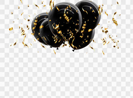 Balloon border with shiny gold glitter and star confetti isolated on transparent background.のイラスト素材