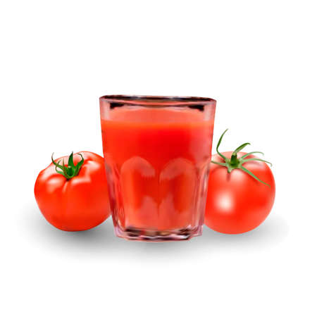 a glass of tomato juice, tomato set. Collection of red tomatoes.Photorealistic vector images isolated on white background.のイラスト素材