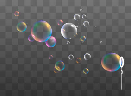 Set of realistic colorful soap bubbles. Transparent realistic soap bubbles isolated on transparent backgroundのイラスト素材