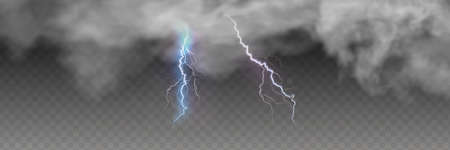 Vector realistic dark stormy sky with clouds, heavy rain and lightning strikes
