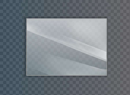 Glass plate on transparent background. Acrylic and glass texture with glares and light. Realistic transparent glass window in rectangle frameのイラスト素材
