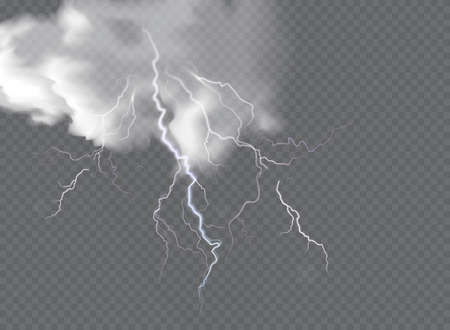 Vector realistic dark stormy sky with clouds, heavy rain and lightning strikesのイラスト素材