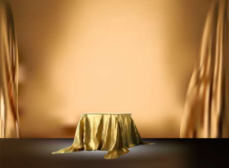 Gold luxury fabric or cloth placed on top plinth or empty podium shelf on golden wall with luxury conceptの素材 [FY310169711999]