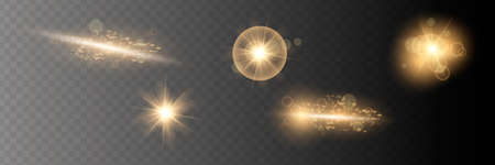 Set. Shining star, the sun particles and sparks with a highlight effect, golden bokeh lights glitter and sequins. On a dark background transparent.のイラスト素材