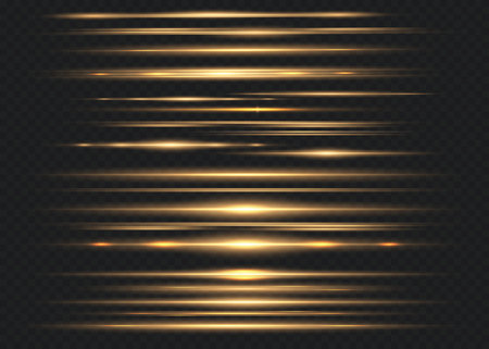 Set of yellow horizontal lens flares. Laser beams, horizontal light beams. Beautiful flashes of light. Glowing stripes on a dark background.のイラスト素材