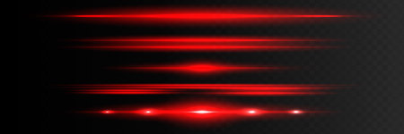 Red horizontal lens flares pack. Laser beams, horizontal light rays.Beautiful light flares. Glowing streaks on dark background. Luminous abstract sparkling lined background.のイラスト素材