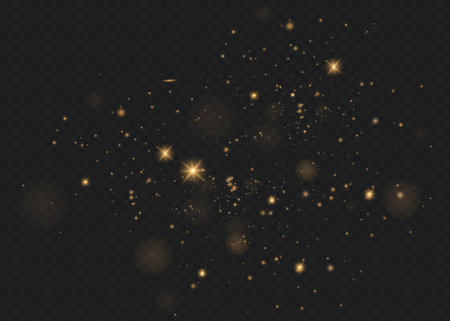 The dust sparks and golden stars shine with special light. Vector sparkles on a transparent background. Christmas light effect.のイラスト素材