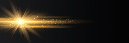 Yellow horizontal lens flares pack. Laser beams, horizontal light rays. Beautiful light flares. Glowing streaks on dark background.のイラスト素材