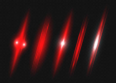 Red horizontal lens flares pack. Laser beams, horizontal light rays.Beautiful light flares. Glowing streaks on dark background.のイラスト素材