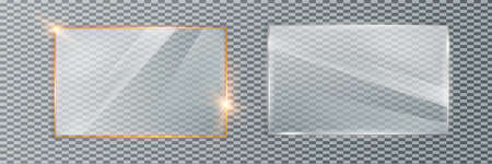 Glass plate on transparent background. Acrylic and glass texture with glares and light. Realistic transparent glass window in rectangle frameのイラスト素材
