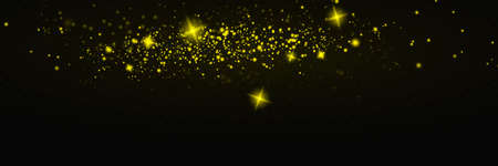 The dust sparks and golden stars shine with special light. Vector sparkles on a transparent background.のイラスト素材