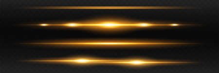 yellow horizontal lens flares pack. Laser beams, horizontal light rays. Beautiful light flares. Glowing streaks on dark background.のイラスト素材