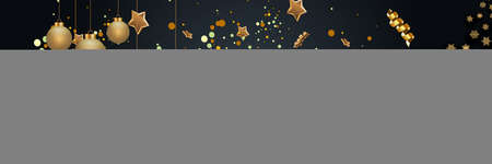 Layout Happy New Year golden and black color space for text Christmas balls, and snowflakes. Golden bokeh, light and ribbons. Vector illustrationのイラスト素材