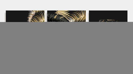 Vector arrangement with black and gold tropical leaves on dark background. Luxury exotic botanical design for cosmetics, spa, perfume, aroma, beauty salon.のイラスト素材